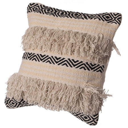 Deerlux 16" Handwoven Cotton Throw Pillow Cover with Boho Design and Fringed Lines, Natural QI004308
